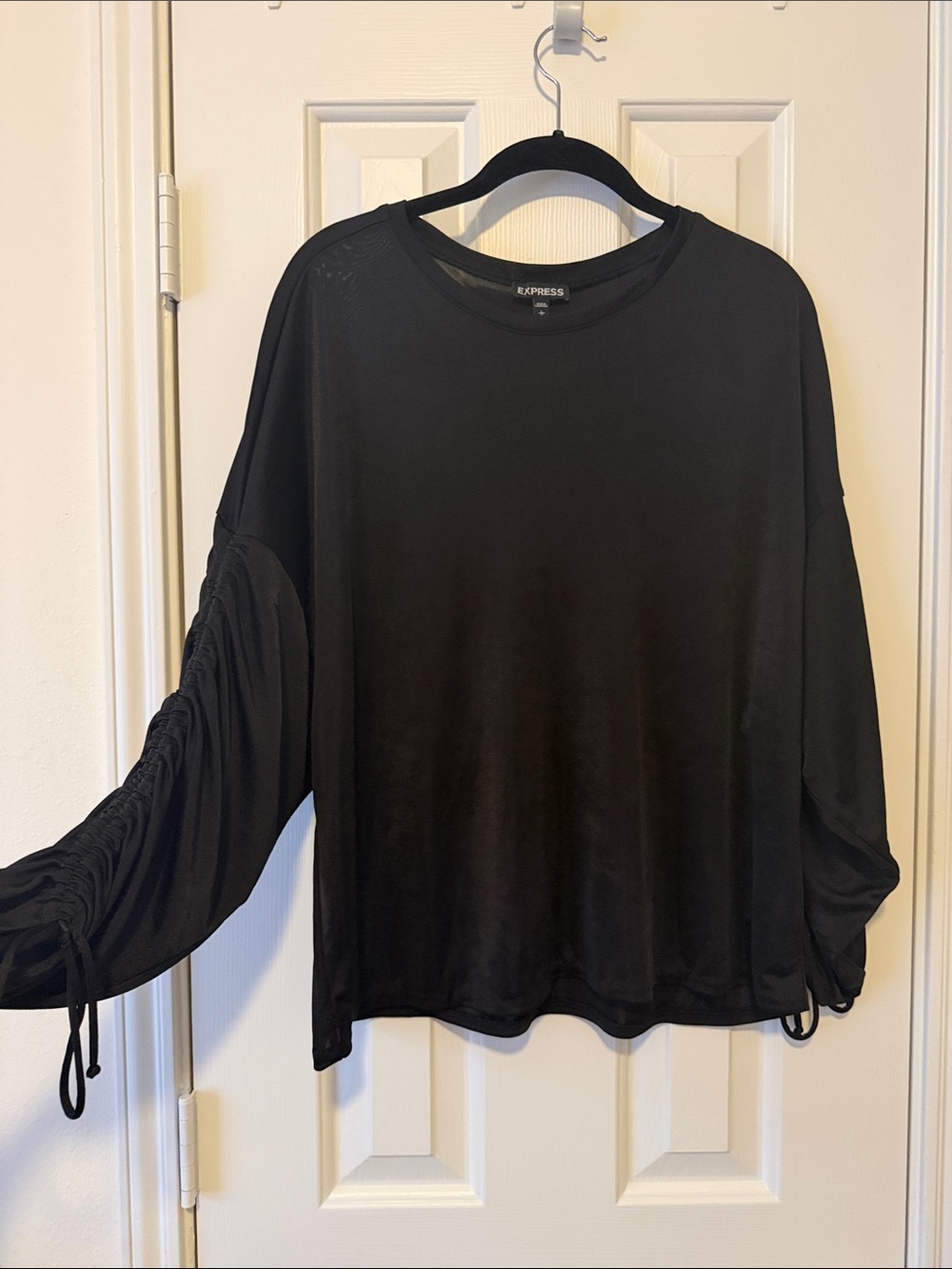 Express Black Long-Sleeve Ruched Drawstring Top
